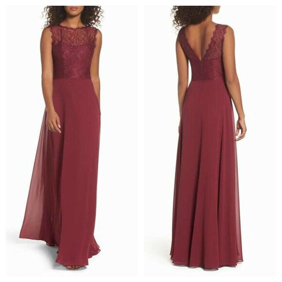 NEW Hayley Paige Occasions Size 6 Lace & Chiffon Maxi Gown Long Dress Burgundy - Picture 1 of 14